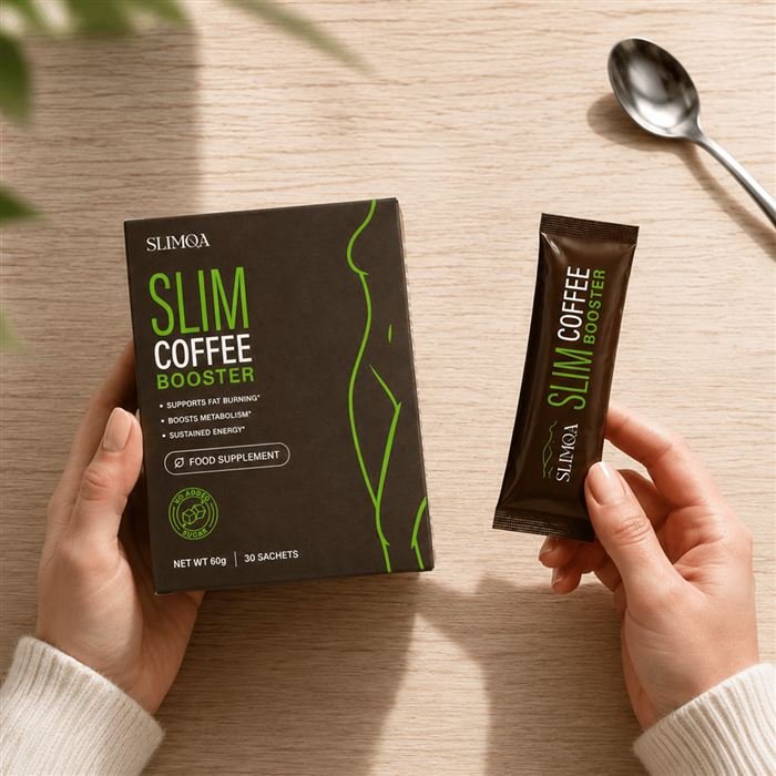 Slimqa Slim Coffee Booster Box und Sachet, bereit für den Kaffee