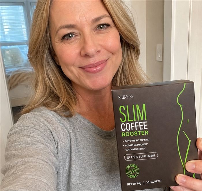 Echte Slimqa-Kundin mit der Slim Coffee Booster Box, bereit für einen energiegeladenen Tag